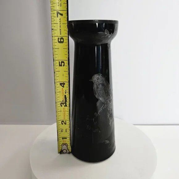 Czechoslovakian Pottery Vase Black Hand-Etched Bird Motif Gloss Finish 6.5"t - Picture 12 of 16